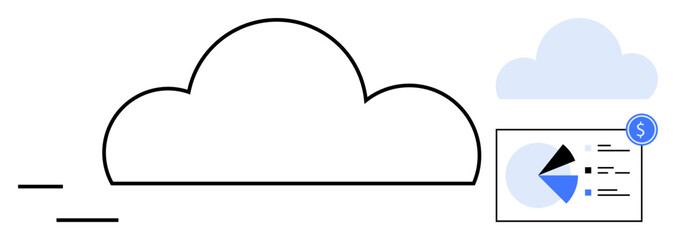 Cloud transferring data to generate financial charts including pie charts and key metrics. Ideal for technology, finance, cloud computing, data analytics, information sharing, business insights, flat