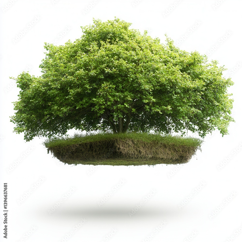 Poster earth 's day a floating tree surrounded by grass in a surreal design.