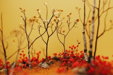 Miniature trees and red foliage against a warm yellow backdrop
