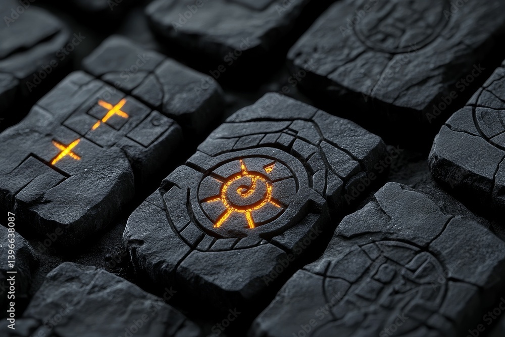Poster dark stone tiles with glowing symbols arranged in a pattern close up.