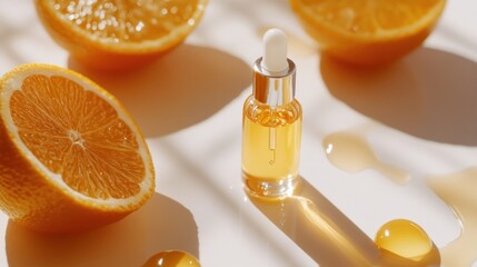 Close-up of a glass bottle of citrus essential oil next to juicy orange slices.The image is bathed in bright sunlight