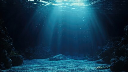 Underwater Scene with Sunlight Rays Shining Down Through Deep Blue Water