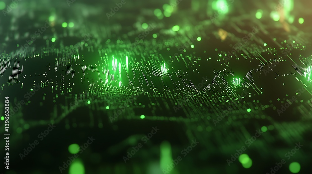 Poster abstract digital landscape with glowing green data points and lines, creating a futuristic atmospher