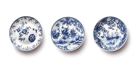 Three antique style blue and white plates