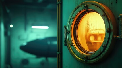 Exploring an Industrial Submarine Interior with a Porthole View