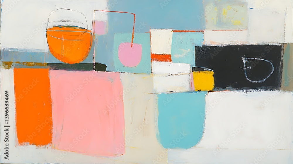 Poster abstract composition featuring colorful geometric shapes and containers on a light background