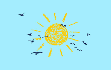 Bright sun with rays. Sunny sky and silhouette of a flock of doves or seagulls. Colorful wax pencil kids drawing landscape. Vector naive and funny design element. Funky doodle for childish collage