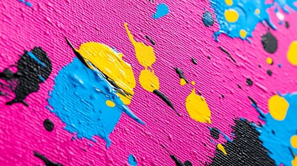 Vibrant abstract artwork featuring splashes of blue, yellow, and black paint on a pink canvas