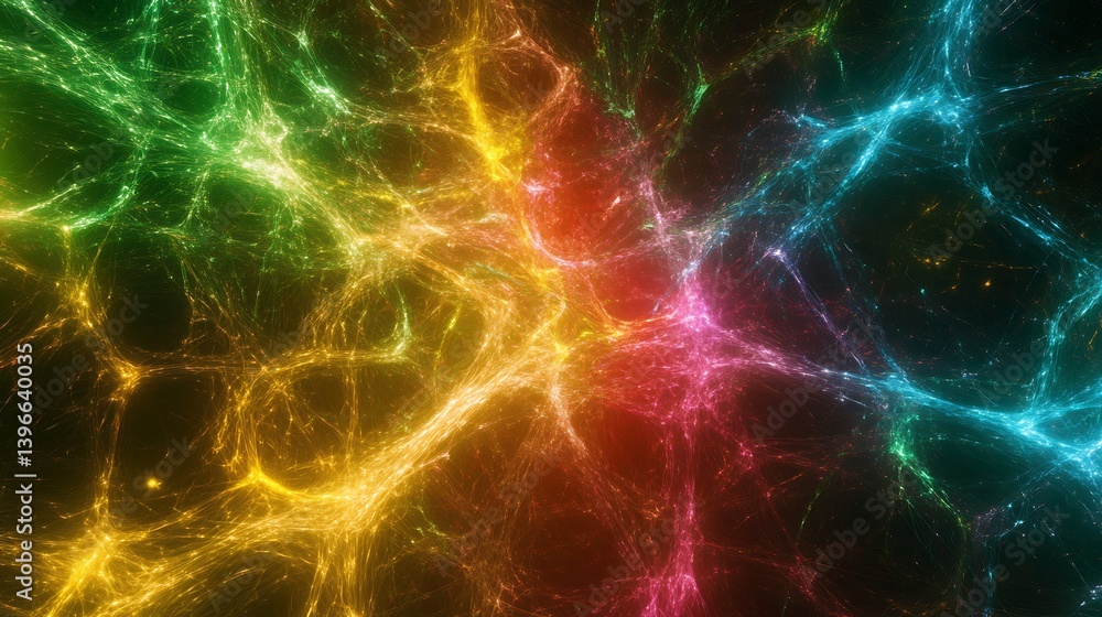 Poster vibrant abstract network of colorful threads representing neural connections in a dark background
