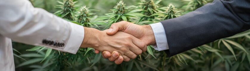 Cannabis in legalization market concept. Handshake between two individuals with cannabis plants in the background.