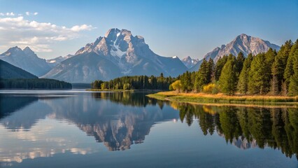 Majestic Grand Teton reflected in serene lake autumn colors