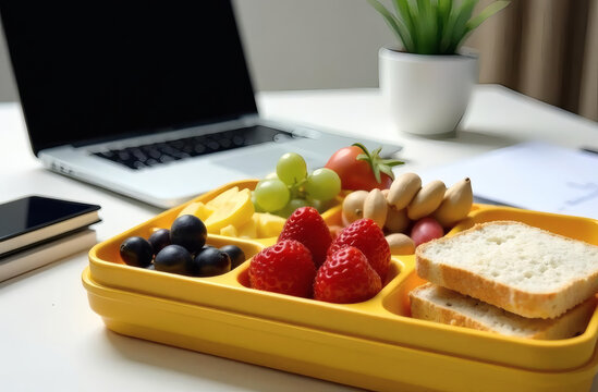 Box lunch of fruits, nuts, and sandwiches with office accessories and a laptop on desk