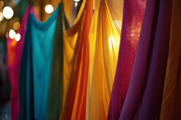 Bright fabrics sway in the breeze, market stalls glowing under soft lights. People gather to prepare for Eid, sharing smiles and stories