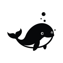 Black and white whale cartoon with bubbles on white background.eps