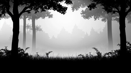 Silhouette of a dark, foggy forest, isolated. 