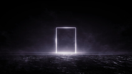 3D Rendering Abstract Door light fantastic scene. empty stage, room with light element, neon light, abstract light. Reflection on the wet surface of neon light.