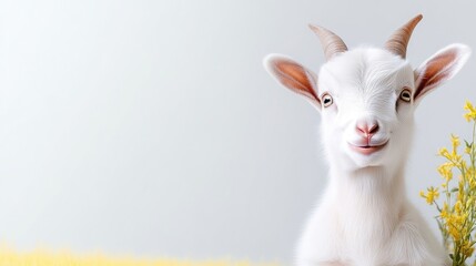 Obraz premium Adorable white baby goat, cute face, soft focus, spring theme