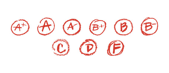 Vector illustration of school grades (A to F) drawn with a crayon, chalk or pastel texture. Hand-drawn red marks in rough circles, resembling teacher's grading on student assignments
