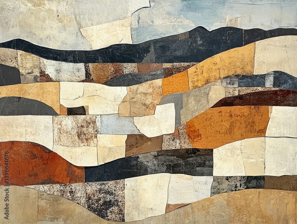 Poster abstract landscape with fields hills and mountains in a patchwork style.
