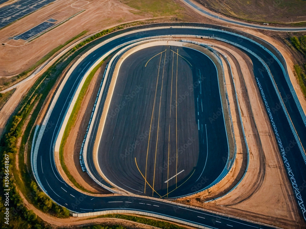 Poster aerial view of a race track with sharp curves and long straights.