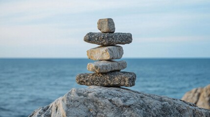 Balanced stone cairn against a serene blue ocean backdrop. A peaceful, natural composition