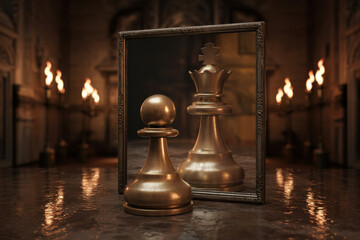 Chess pawn in a mirror reflecting himself as a king