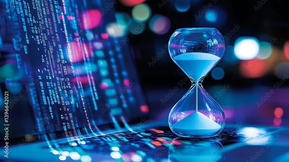 Poster hourglass timer on a laptop with flowing data, symbolizing time management in digital workspaces