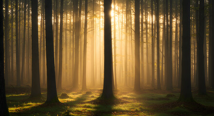 Misty Forest with Sunlight Rays