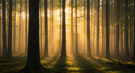 Fototapeta premium Misty Forest with Sunlight Rays