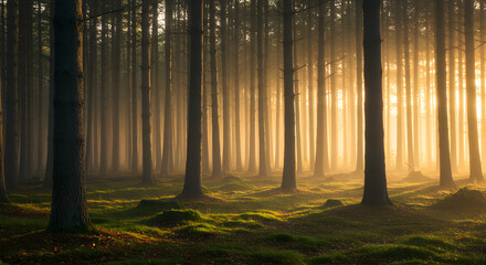 Misty Forest with Sunlight Rays