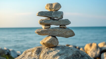 Balanced stone cairn against a serene blue ocean backdrop. A peaceful, natural sculpture of stacked rocks