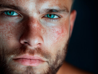 Male face with natural skin imperfections, pores and texture. Image celebrates unfiltered male beauty and authenticity.