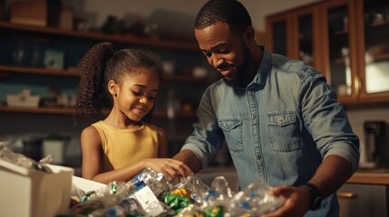 African American daughter and father sorting recycling together in kitchen