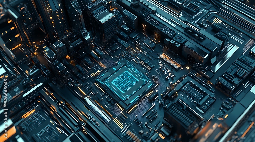 Poster aerial view of a futuristic circuit board with glowing components in a tech-inspired environment