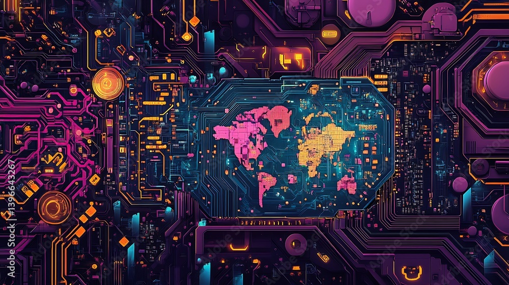 Poster abstract digital world map illustration with vibrant colors and circuit patterns, showcasing technol