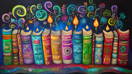 Fototapeta premium Colorful Book Art: Whimsical Illustrations and Vibrant Designs for Creative Home Decor and Library Shelves