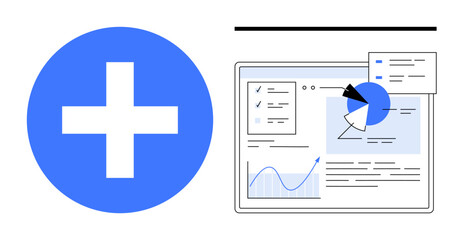 Obraz premium Blue plus sign beside a dashboard featuring graphs, pie chart, and analytics. Ideal for teamwork, data analysis, growth strategies, health tech, productivity tools, creative solutions simple landing