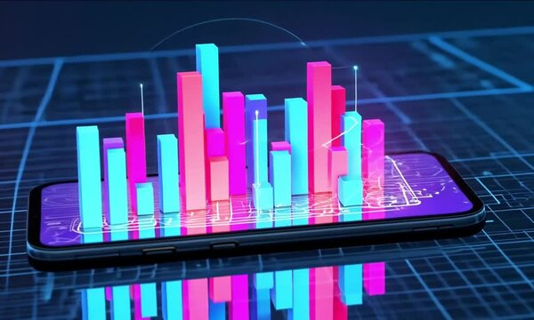 Celular 3D con gr&aacute;fica de barras saliendo de la pantalla mientras gira. C&aacute;mara fija. 