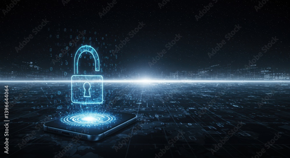 Aufkleber cybersecurity mobile protection digital unlock open padlock data network security concept