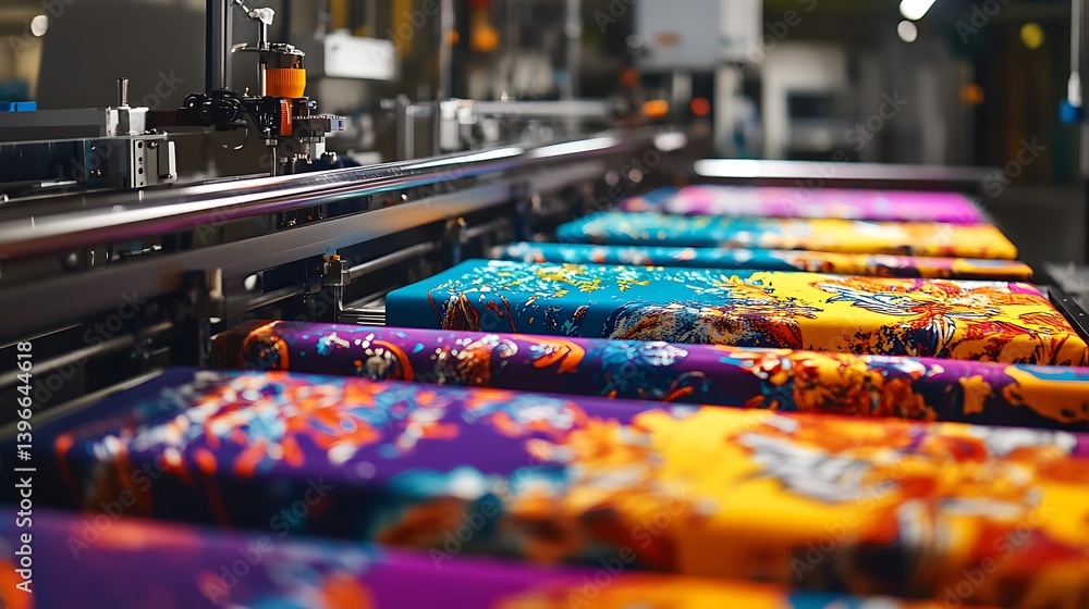 Poster vibrant fabric printing process in a modern factory, showcasing colorful patterns being printed