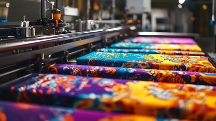 Fototapeta premium Vibrant fabric printing process in a modern factory, showcasing colorful patterns being printed