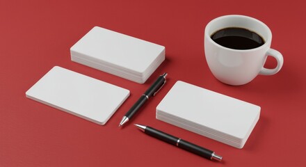 Blank business cards, pen, and coffee cup mockup
