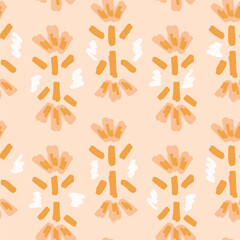 Hand painted scallop planted flowers as an abstract floral pattern in colors of peach, yellow and off white on cream background. Seamless vector pattern. Great for home decor, fabric, wallpaper, gifts