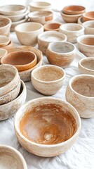 Display of handmade ceramic bowls, various colors and sizes, on a white surface. Possible use for a home decor catalog or design inspiration