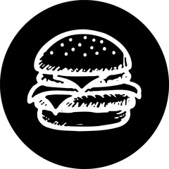 Monochromatic burger icon with sesame seeds in a circular black background