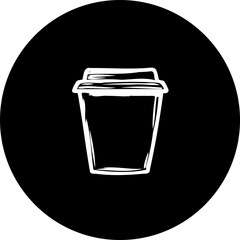 Minimalist black and white coffee cup illustration with bold outlines in a circular frame