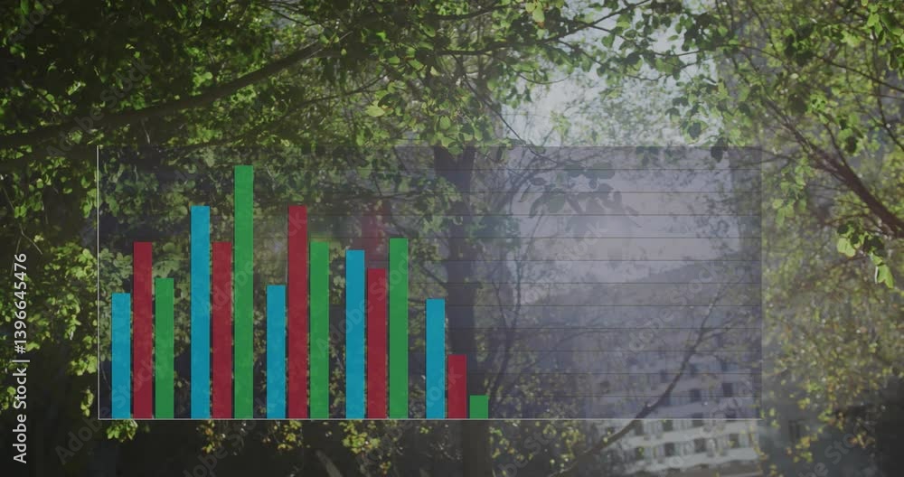 Poster bar chart animation over lush green trees and building in background