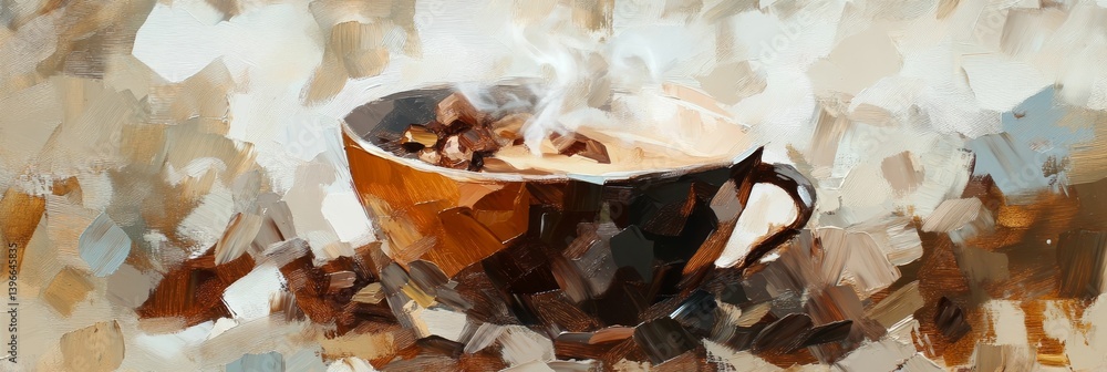 Poster artistic rendering of a cup filled with liquid and small pieces on a surface.