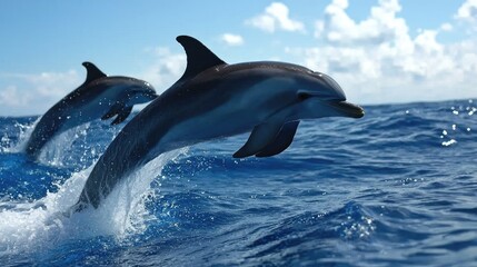 Two dolphins leaping gracefully in the ocean