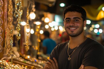 Obraz premium Sparkling jewelry glimmers under lantern light, stalls packed with eager shoppers. The vibrant colors of Eid fill every corner of the market